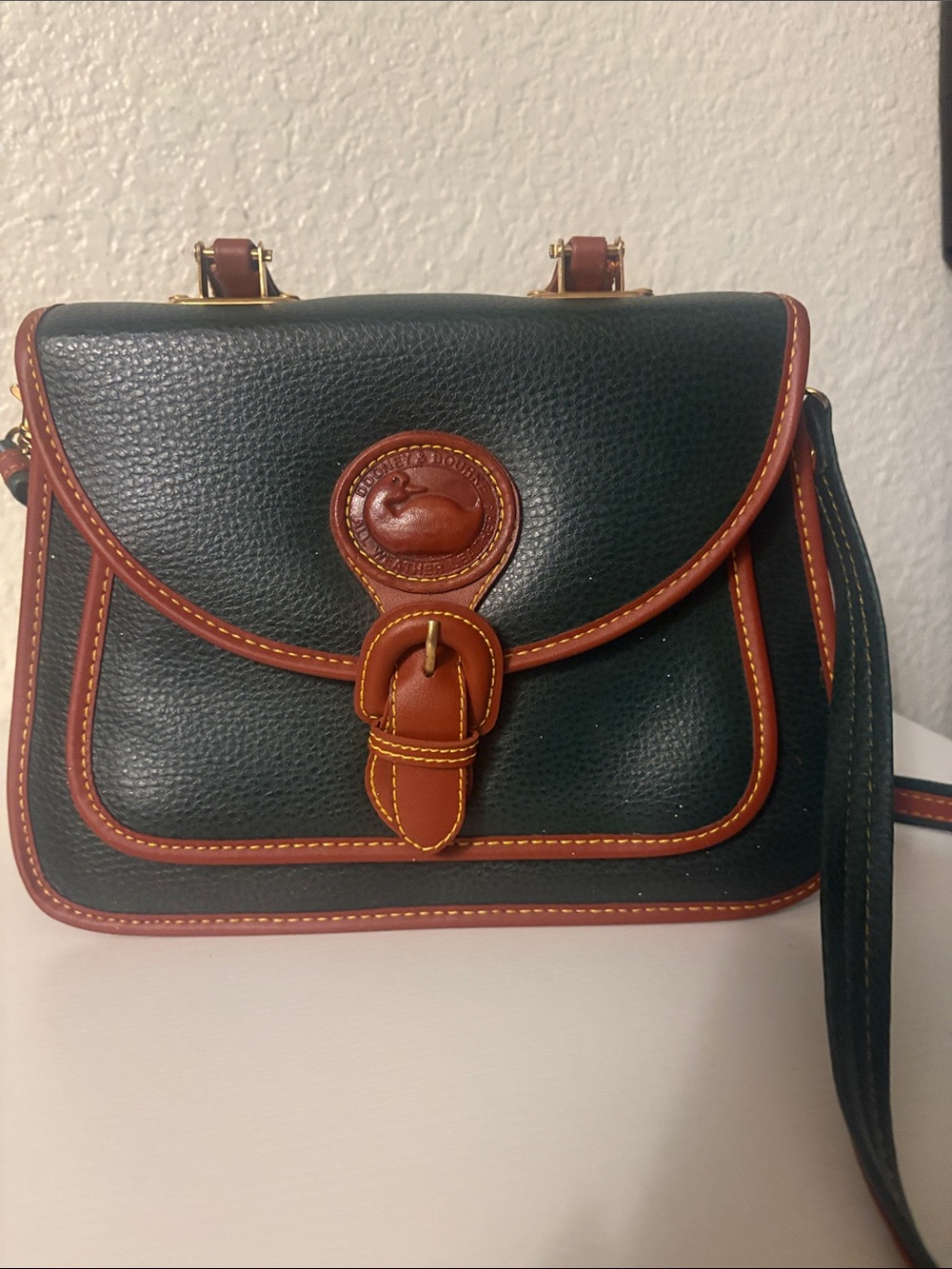 Dooney & Bourke Forest Green Pebbled Leather Crossbody with Brown Trim